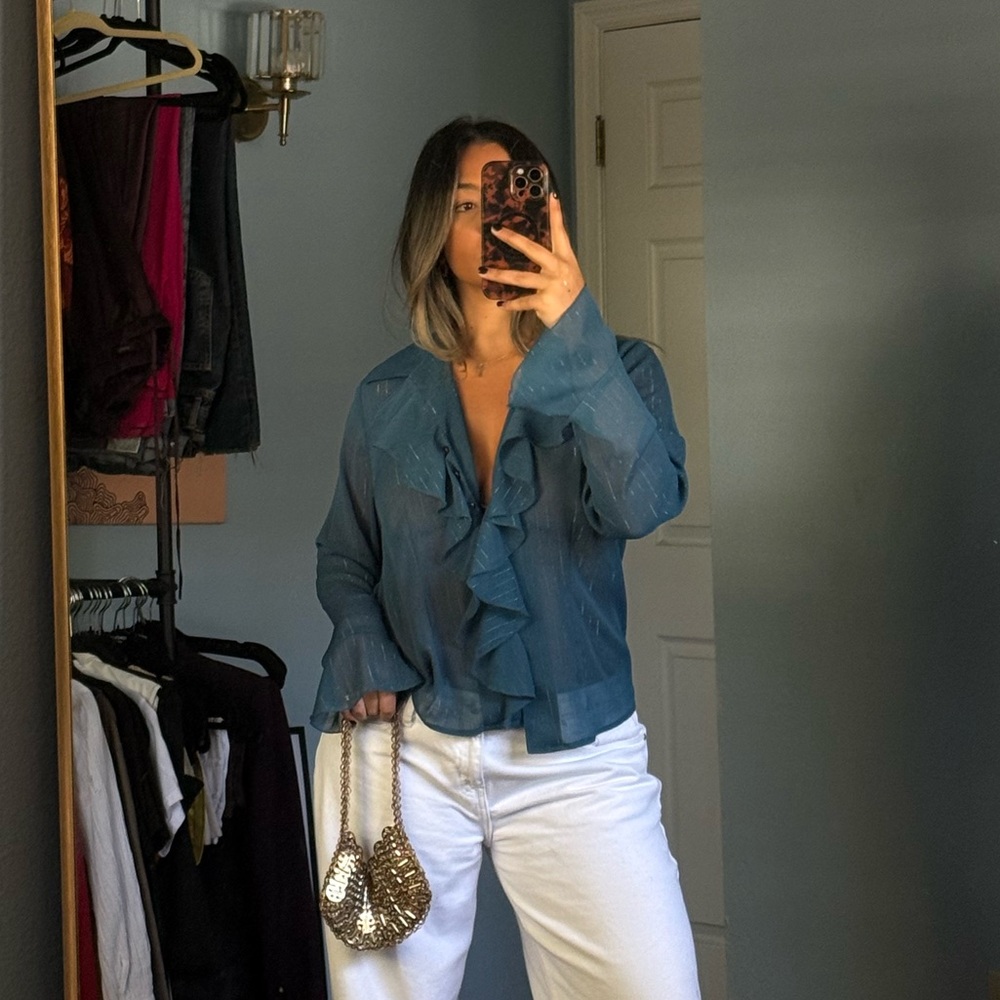 AB Studio Teal Ruffle Front Sheer Blouse